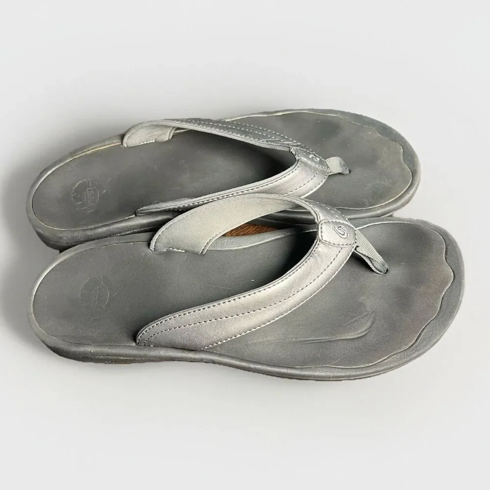 Olukai Silver Pewter‎ Leather Flip Flops Women’s 9 W